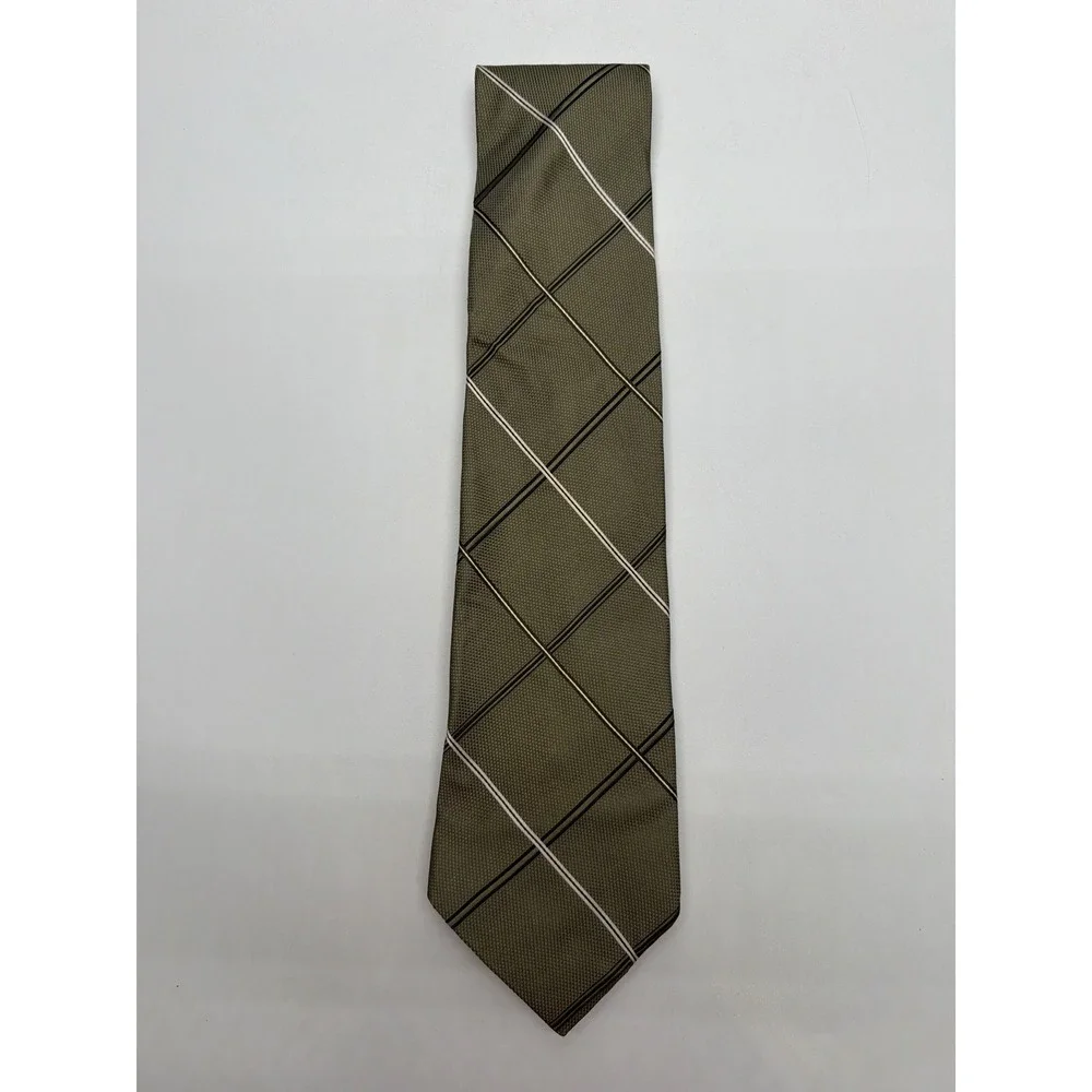 Tommy Hilfiger Mens Silk Tie Olive Green Plaid Diagonal Stripe Made in USA